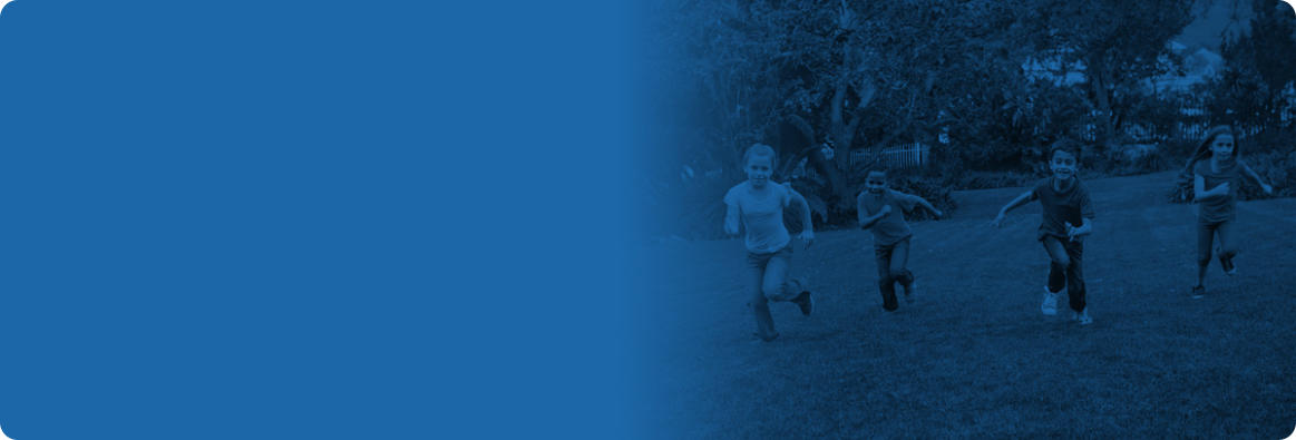 Blue banner with a photo superimposed over it that shows four happy kids running through a yard on a nice day.