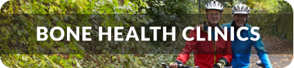 A senior couple stands next to bicycles on a path in the woods. Title reads: Bone Health Clinic